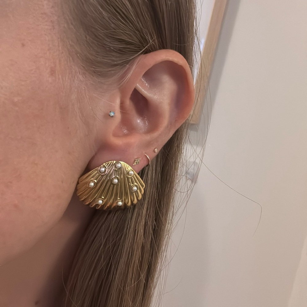 Gold mussel clam Nantucket cape cod stud earrings seashell shell pearl studded